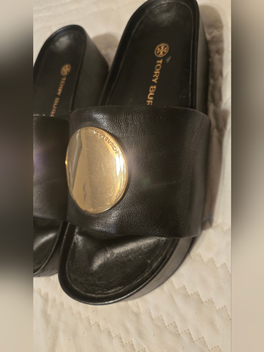 Tory Burch Black Slide Sandals with Gold Medallion - Picture 3 of 16